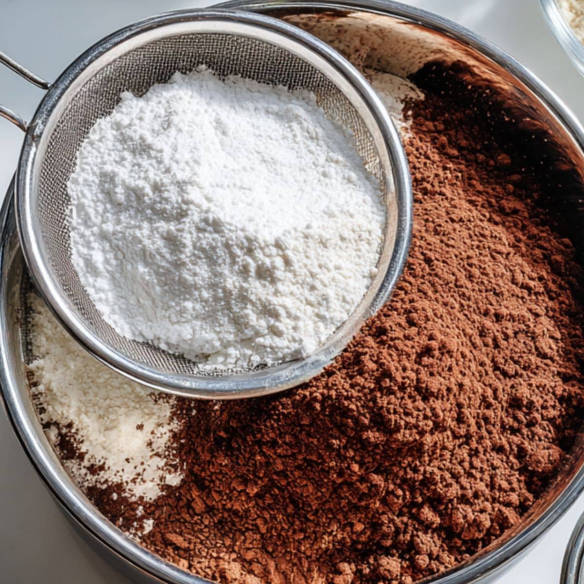 Preparing the dry mixture for chocolate macaron shells	