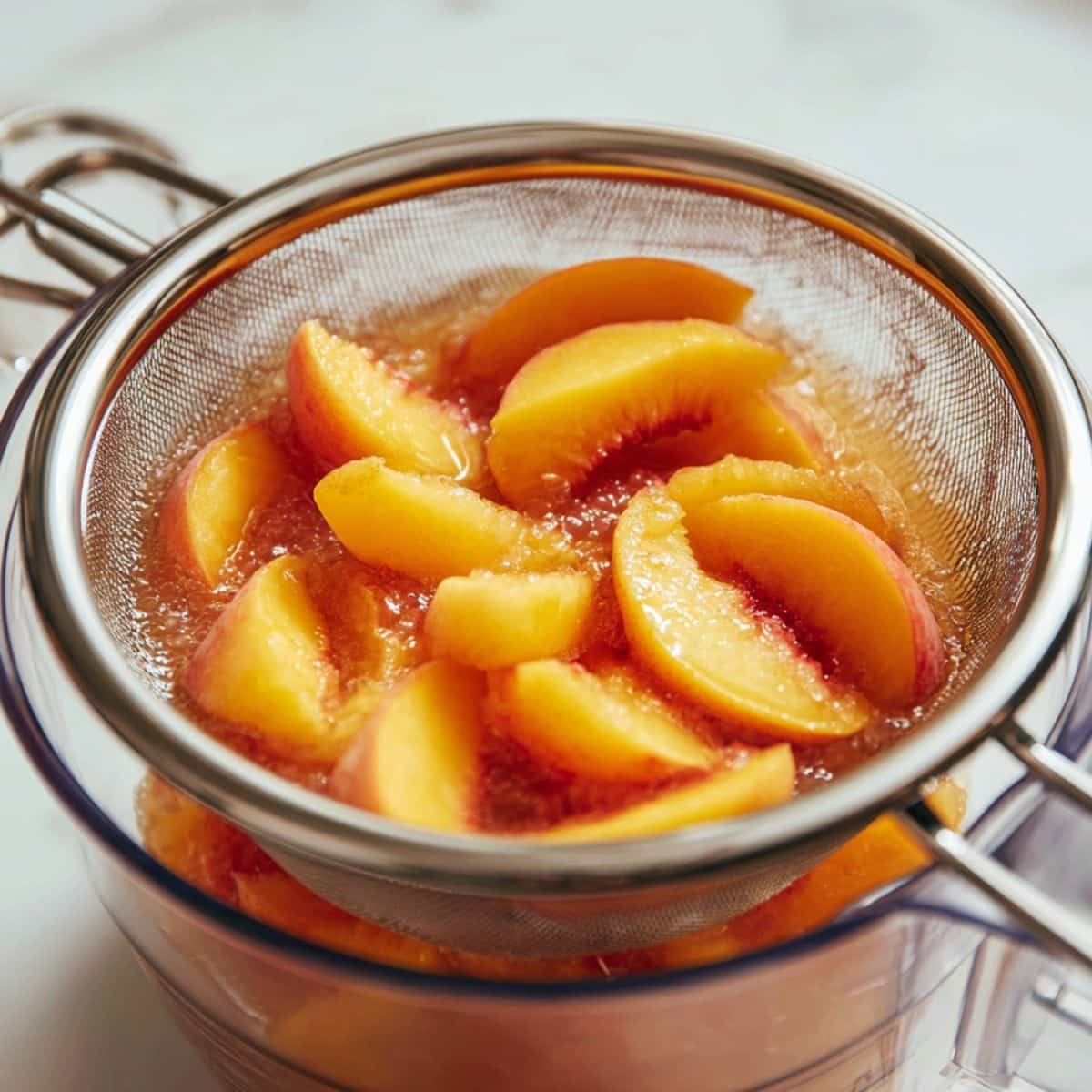 Peeled and pureed peaches in white bowl	