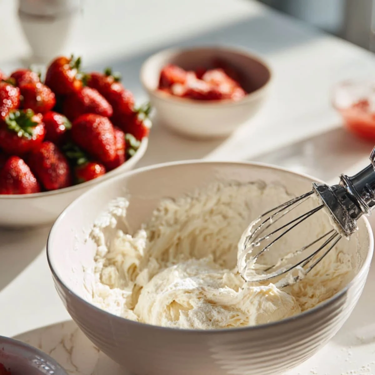 Butter and sugar being creamed in a bowl next to macerated strawberries	