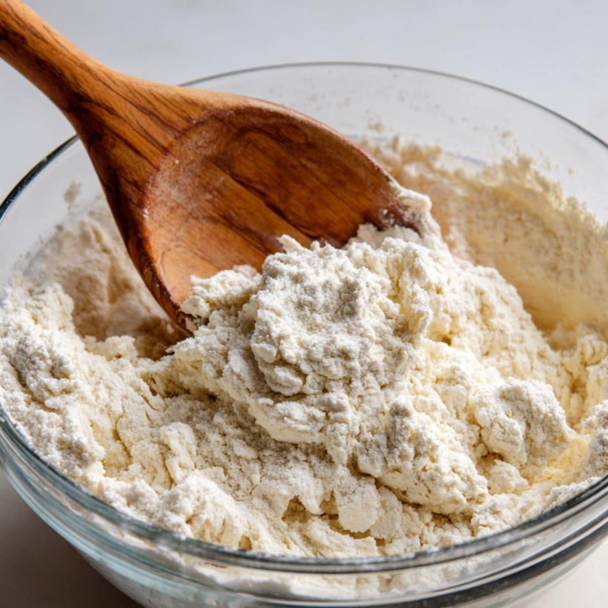 Mixing Italian bread dough by hand in a bowl on white counter	