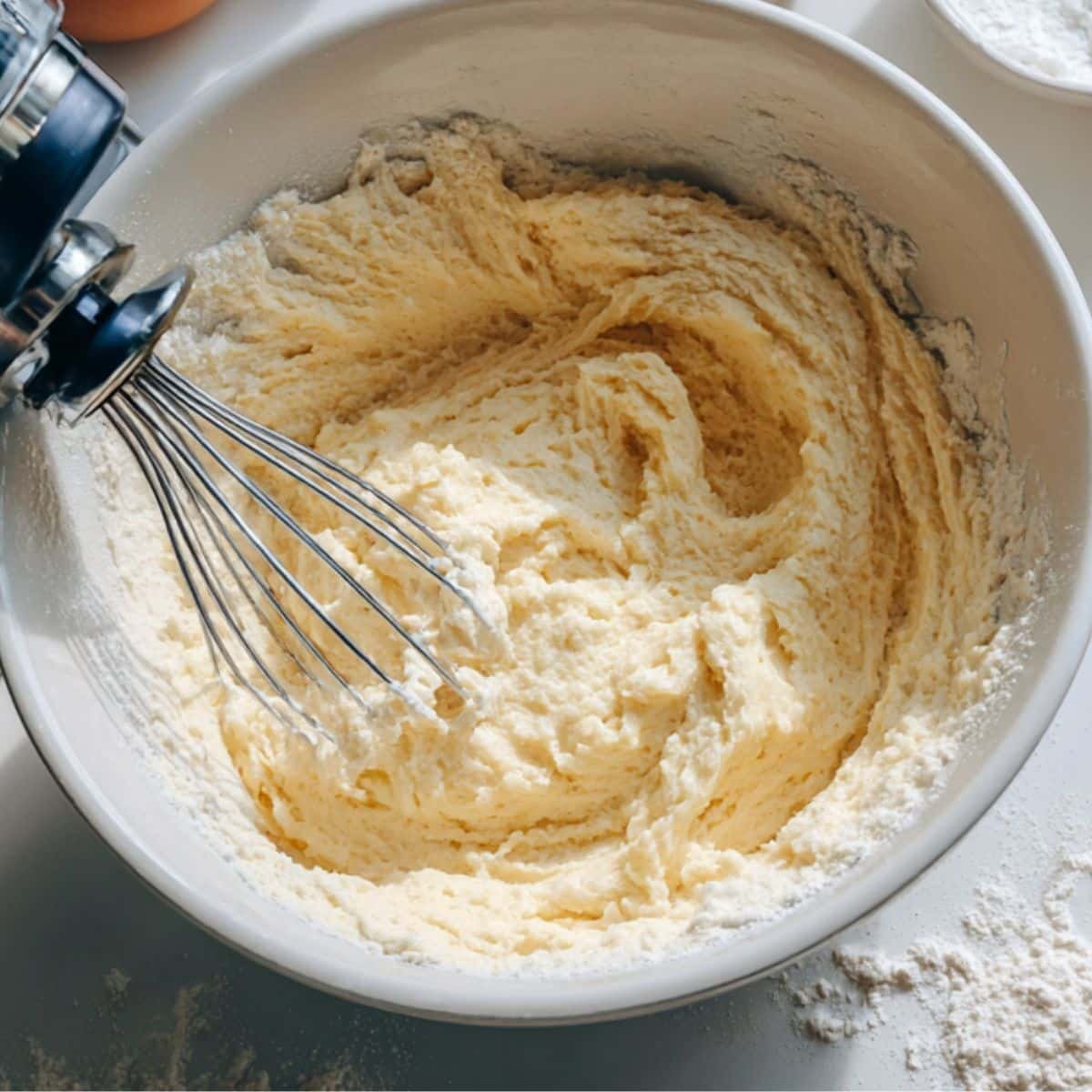 Mixing butter, sugar, and eggs for cake batter	