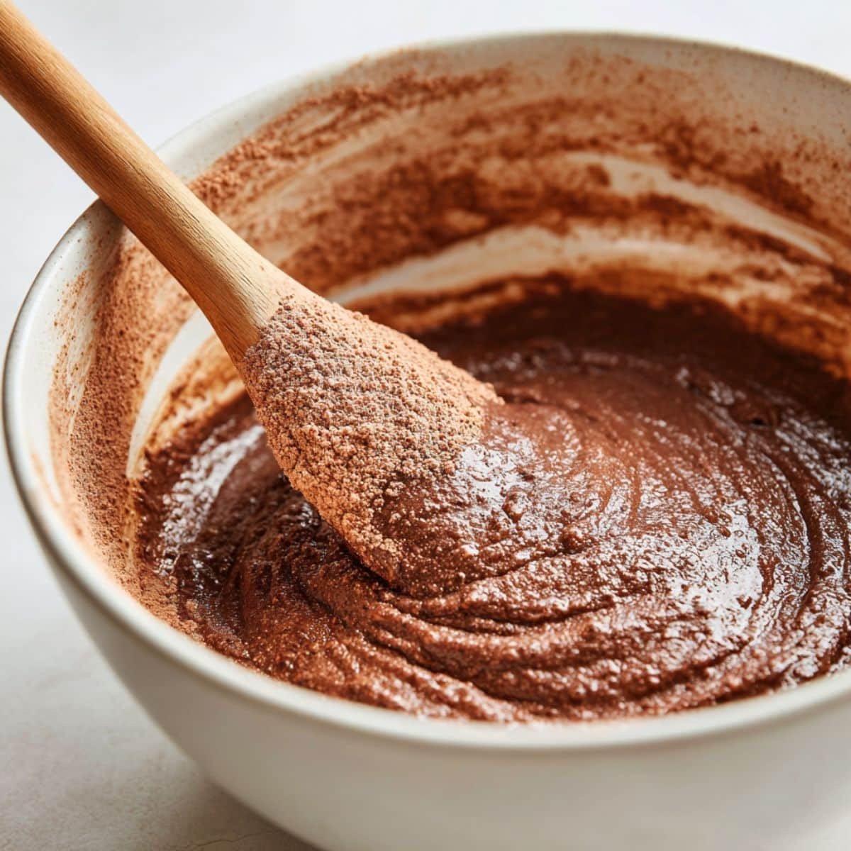 Flour, cocoa, sugar, and coffee mixed in a white bowl with yolks and oil	