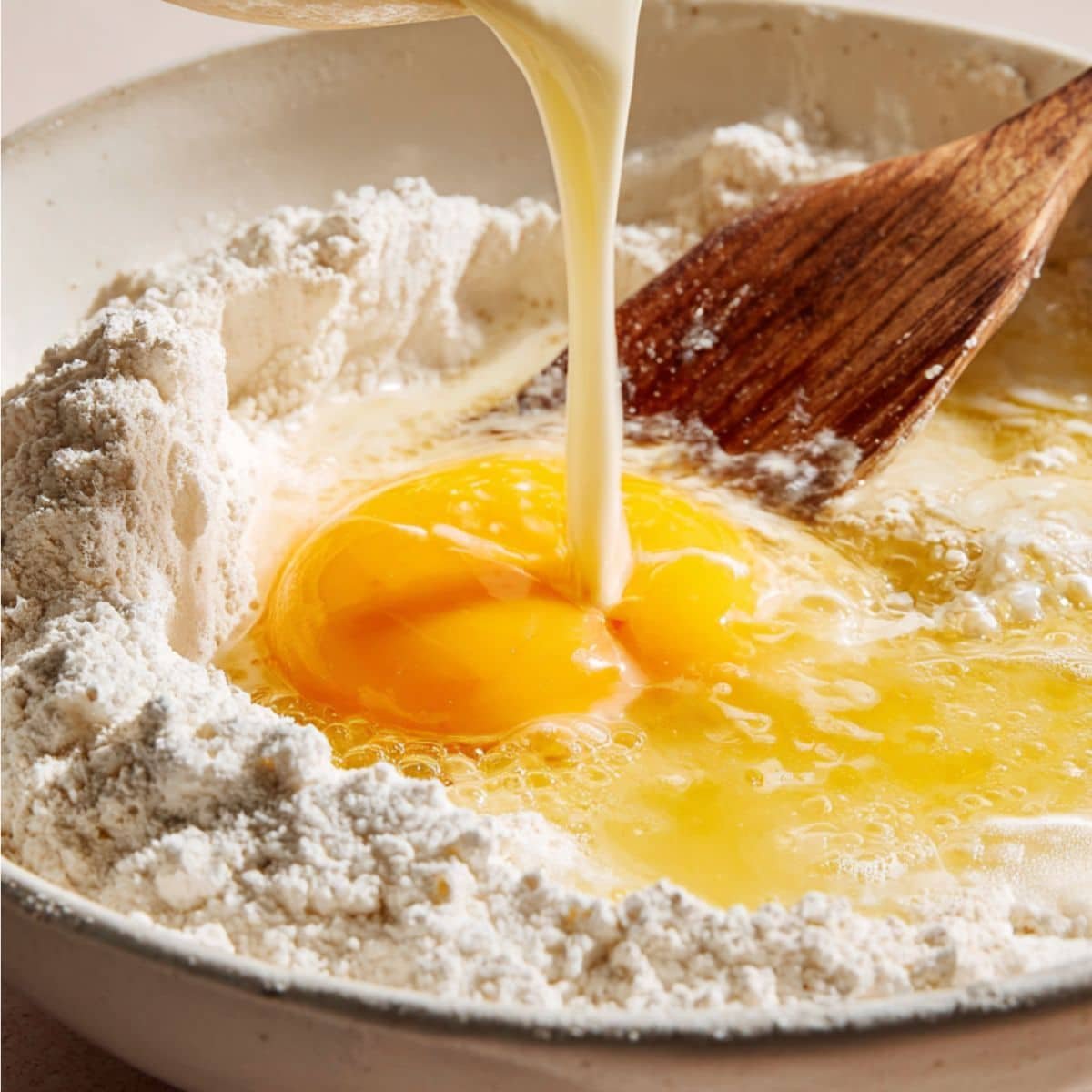 Pouring wet ingredients into the center of dry mixture	