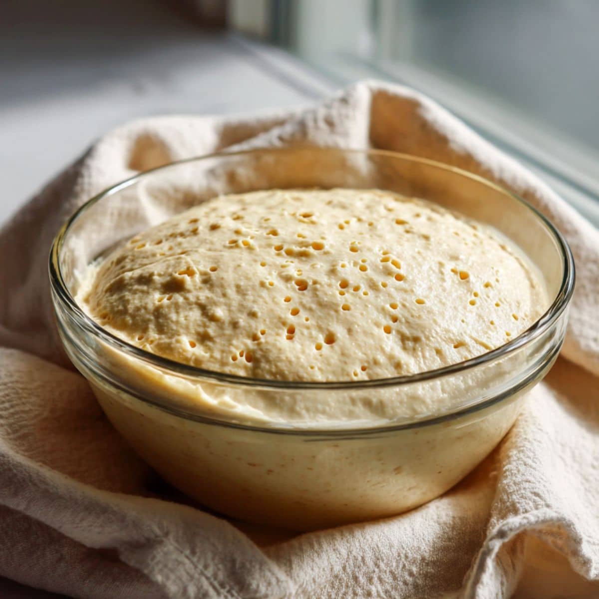 Bowl of bubbly dough covered with towel on white counter
