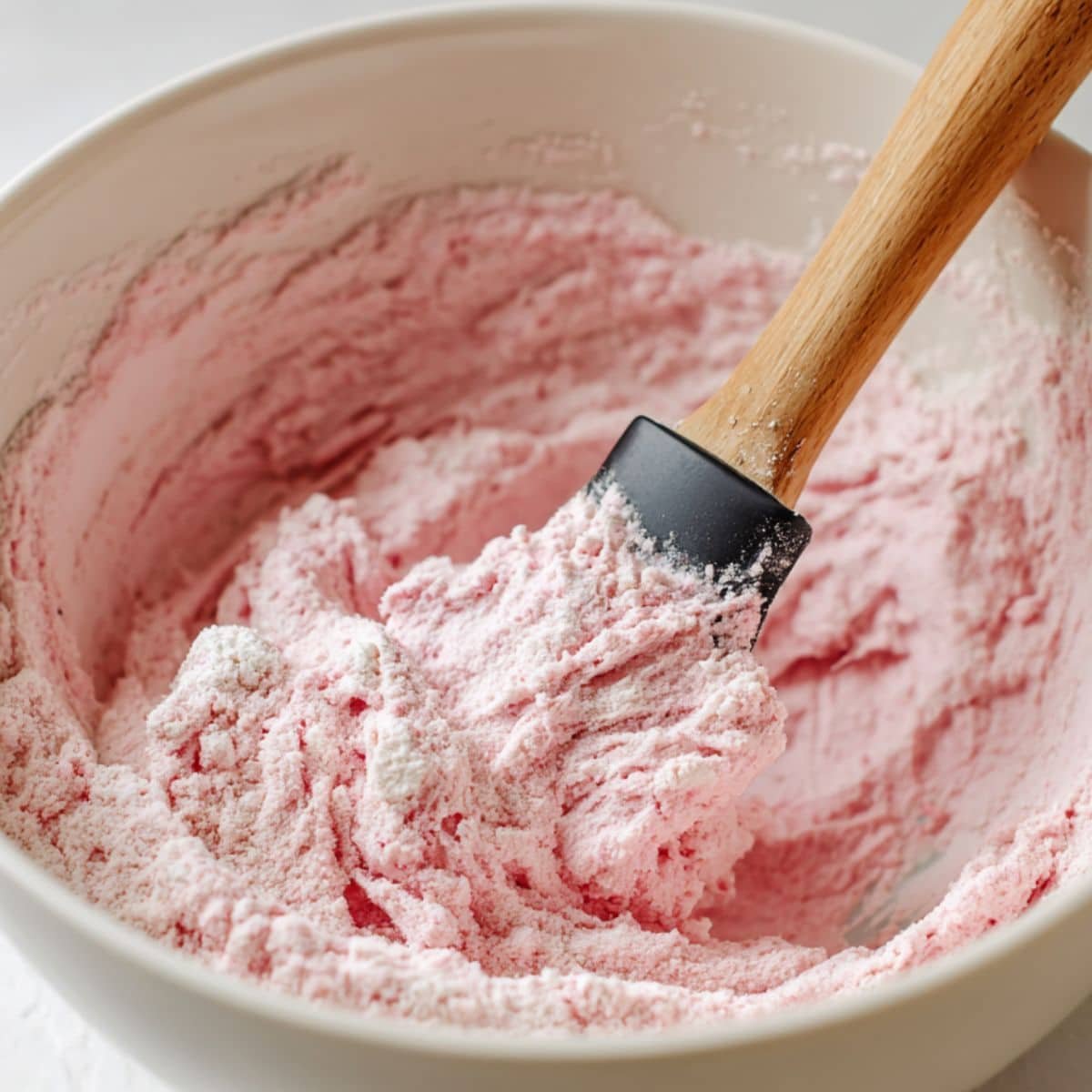 Baker folding flour mixture into strawberry cake batter using spatula	