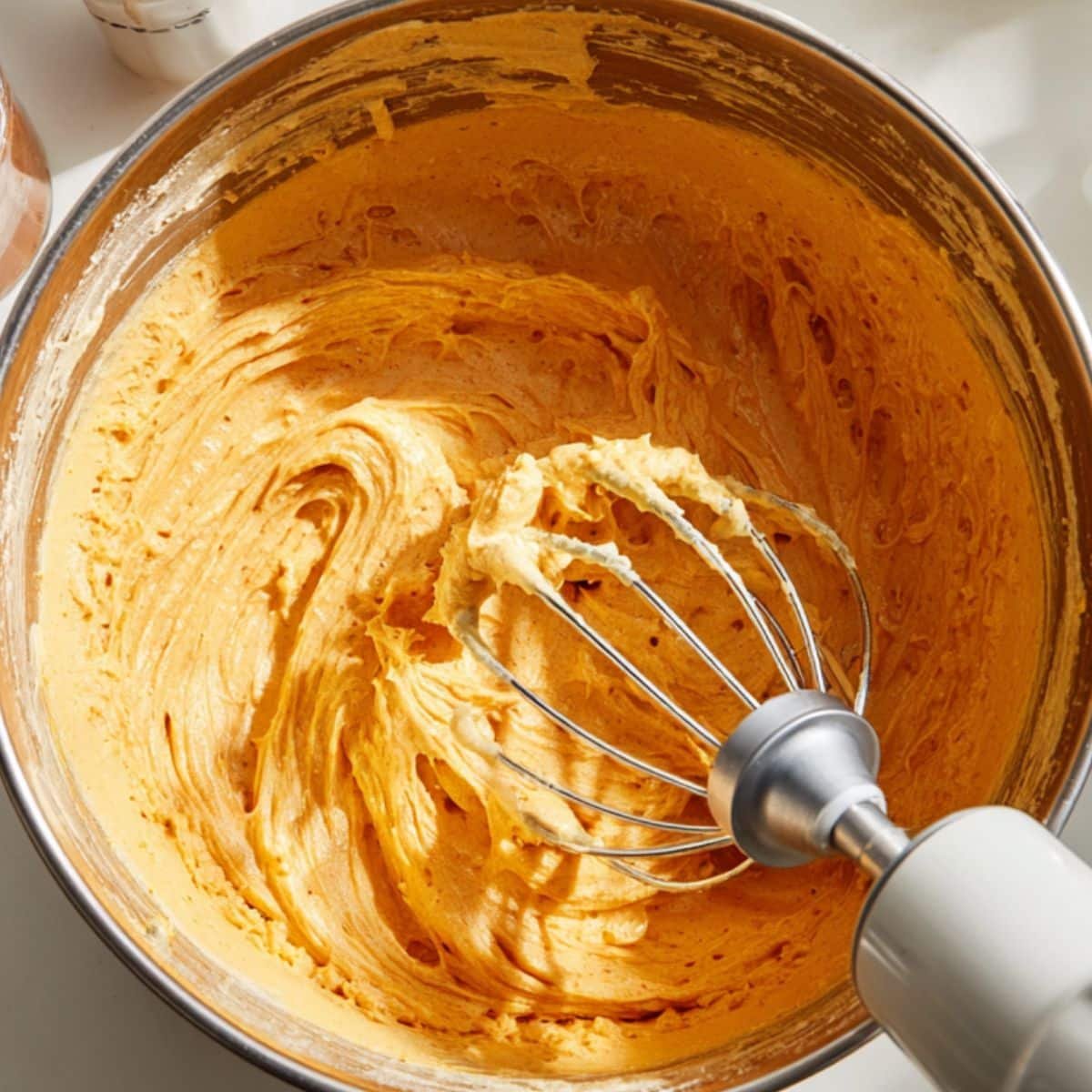 Mixing pumpkin cheesecake filling in a white bowl with electric mixer	