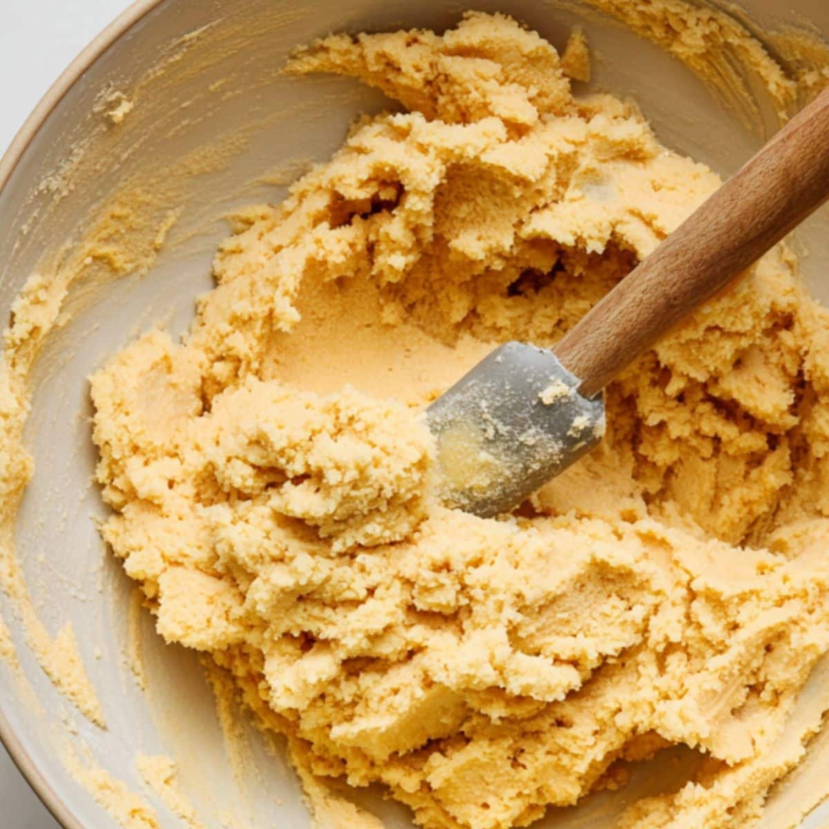 Mixing peach cookie dough with spatula	
