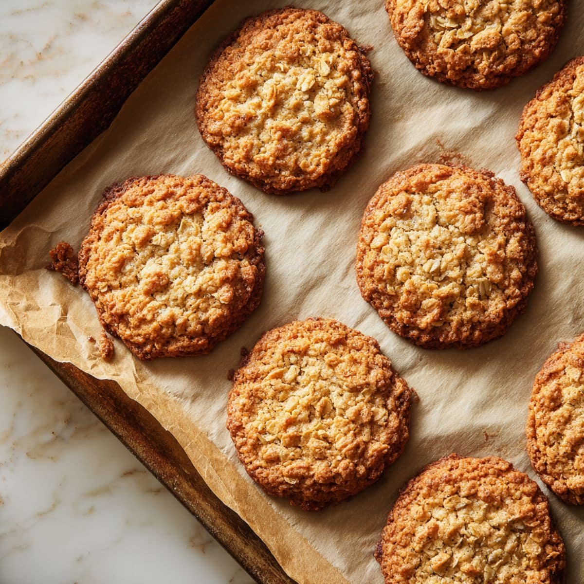 Freshly baked oatmeal cookies cooling on parchment