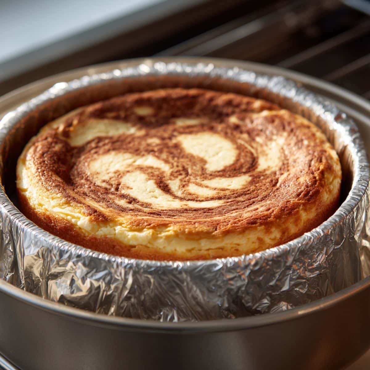 Cheesecake cooling in pan with slight cracks, sitting in a water bath on a rustic white surface	