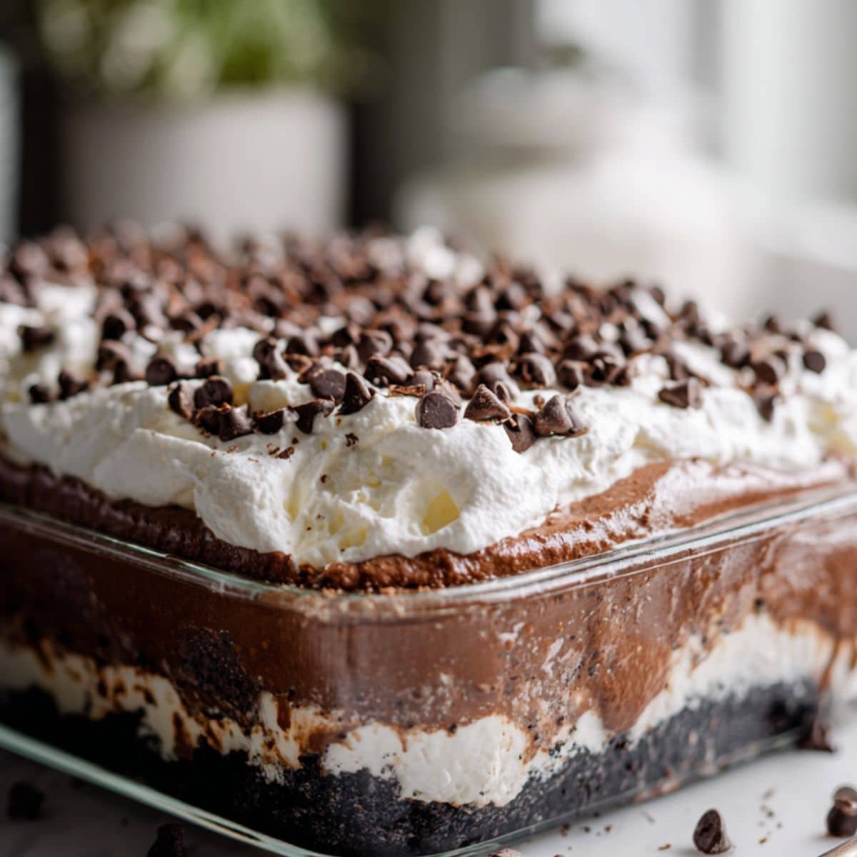 Chocolate lasagna layers before chilling	