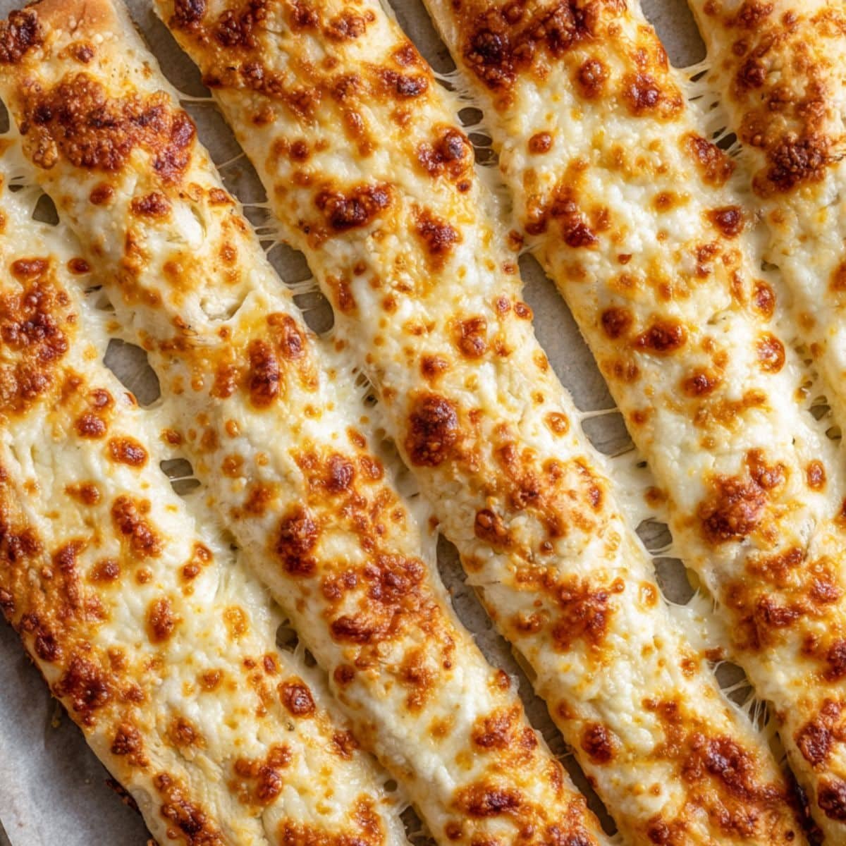 Baked breadsticks fresh from oven with cheese bubbling	