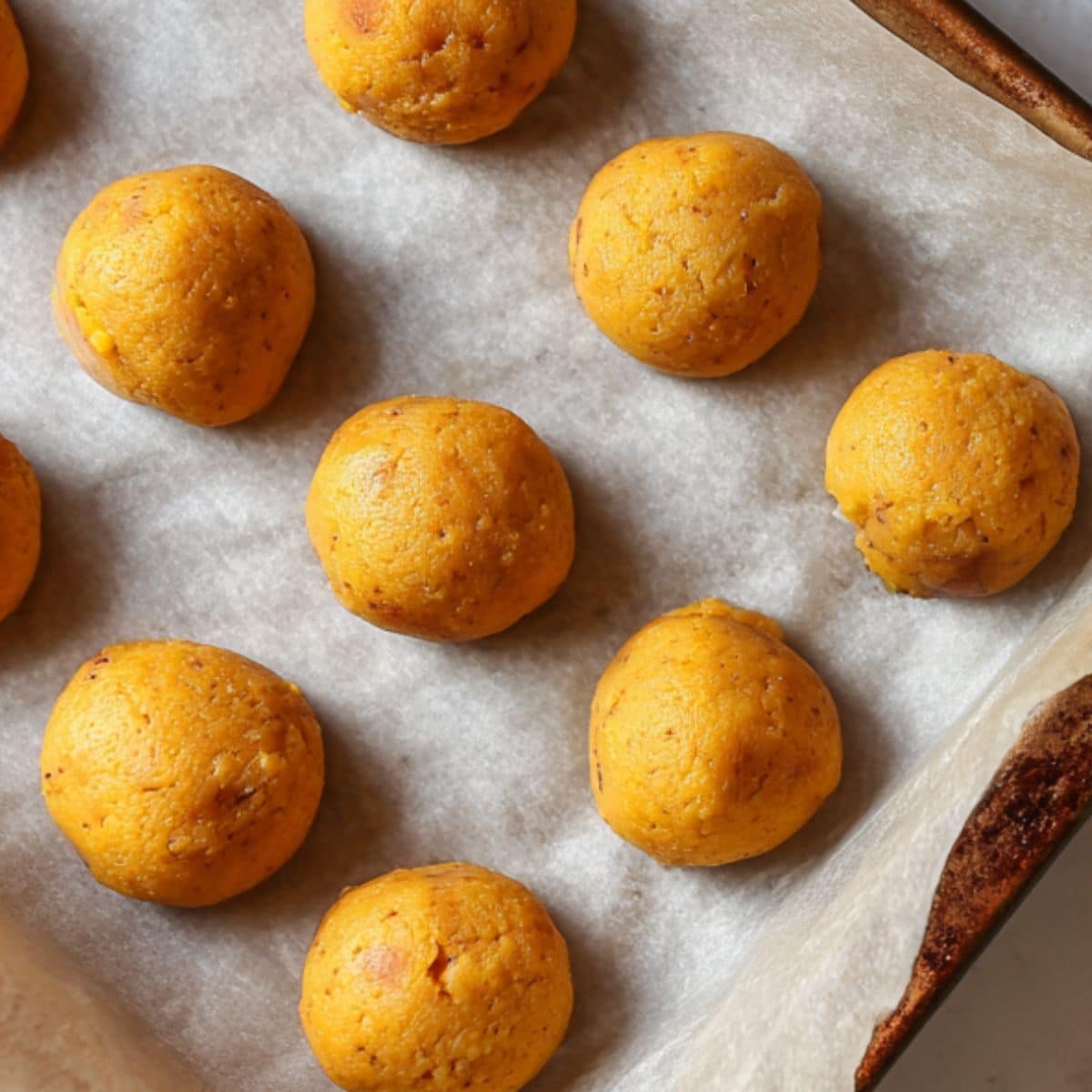 Peach cookies baking on parchment-lined tray	