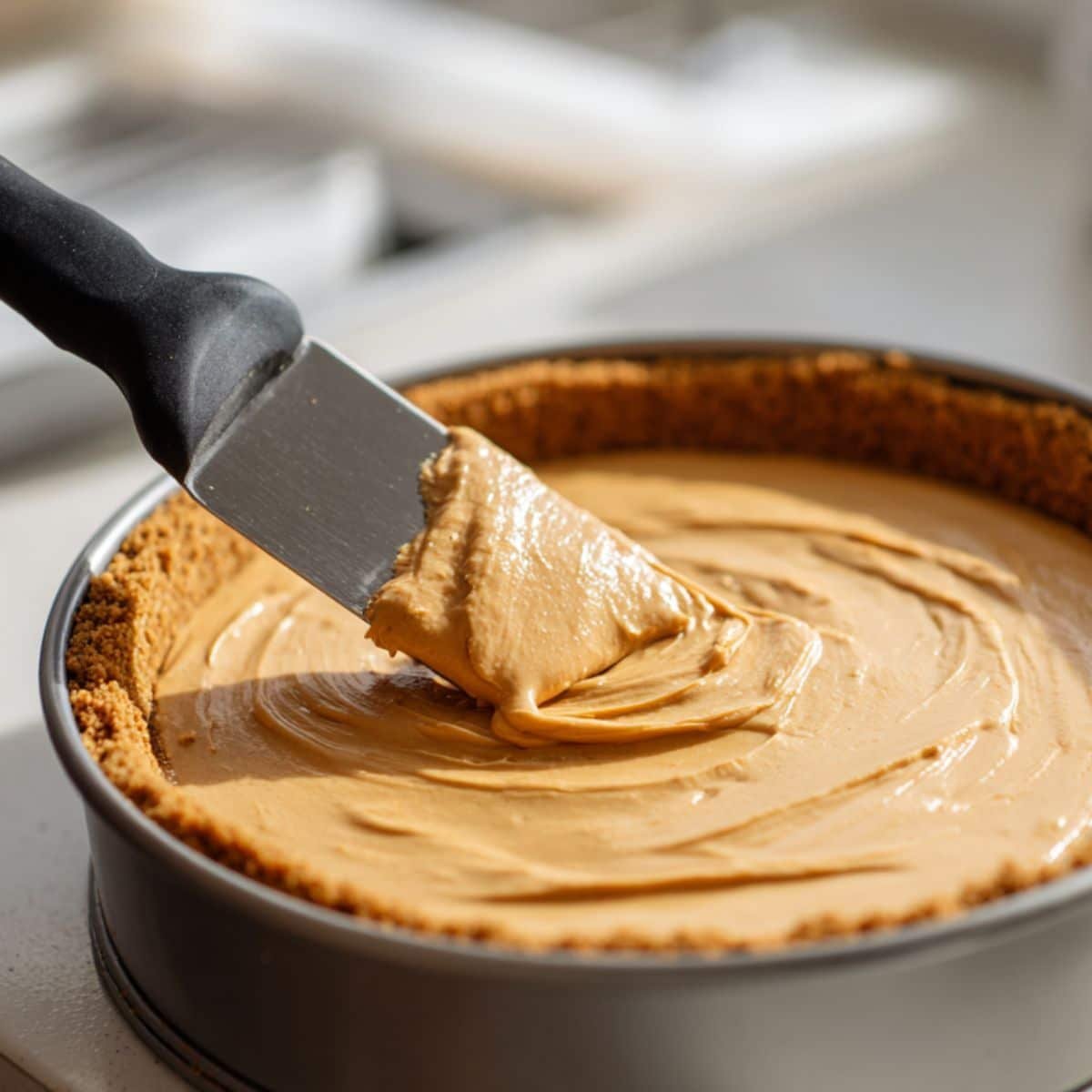 Spreading peanut butter filling into crust base	
