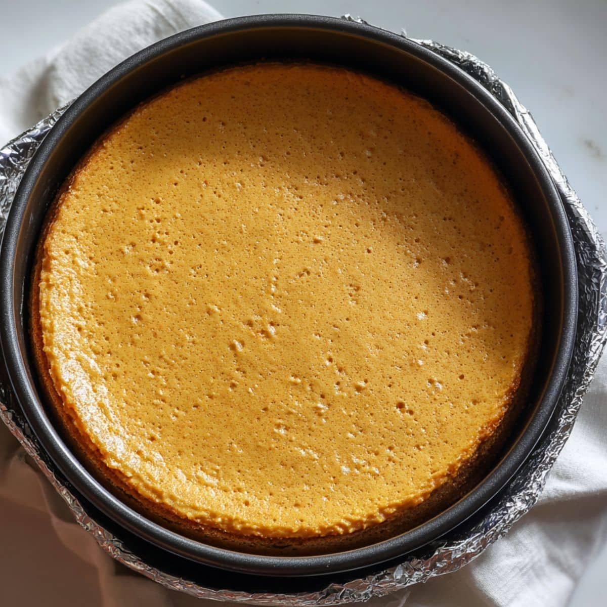 Cooked pumpkin cheesecake in pan cooling on counter with foil sling visible	