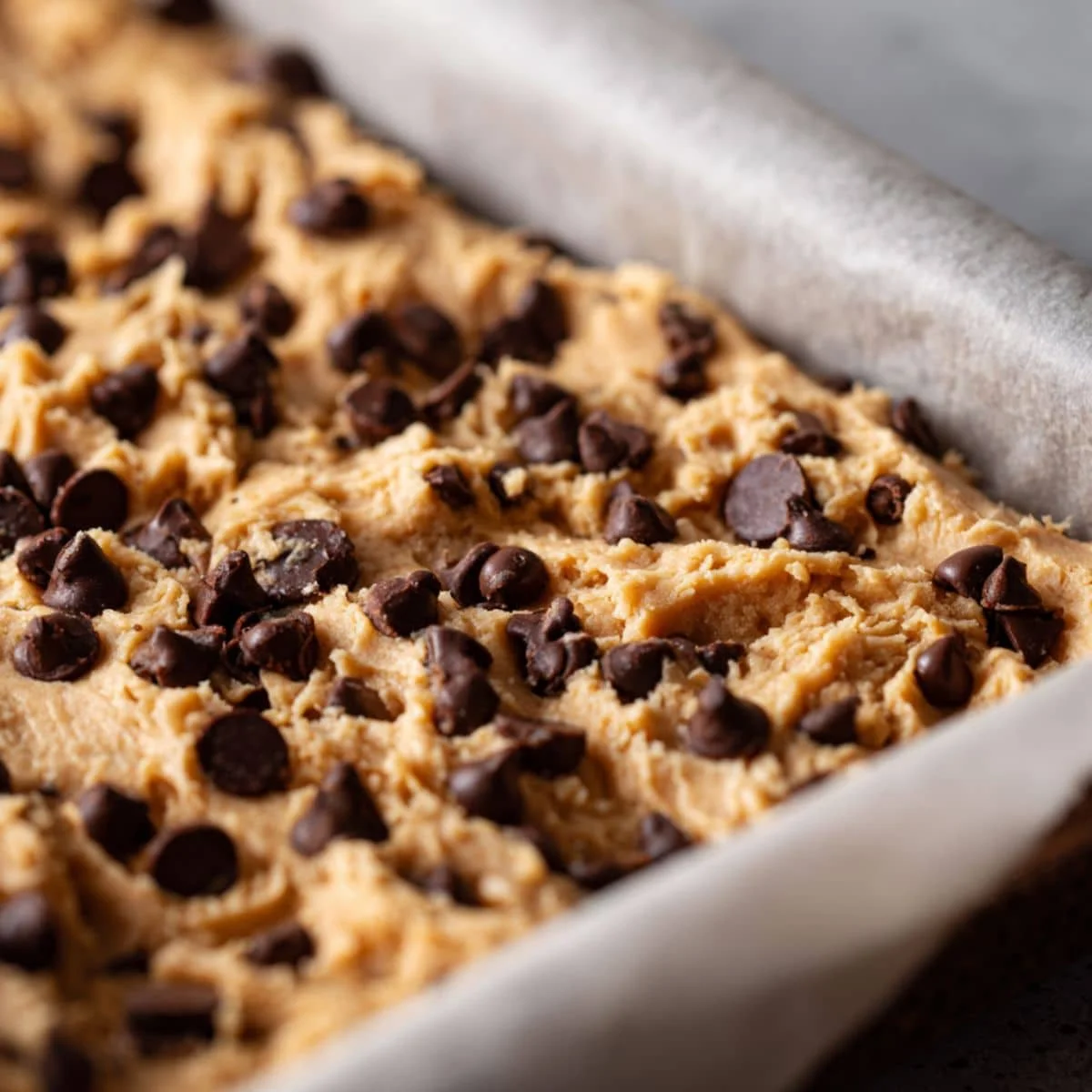 Chocolate chips folded into dough in pan ready to bake	