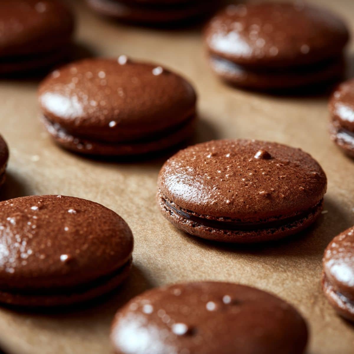 Piped chocolate macaron shells resting to dry	