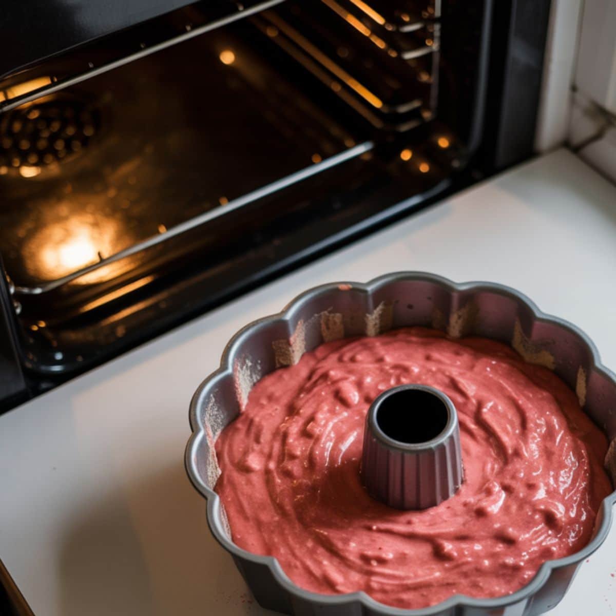 Pink strawberry cake batter in a bundt pan on white counter, about to go into the oven	