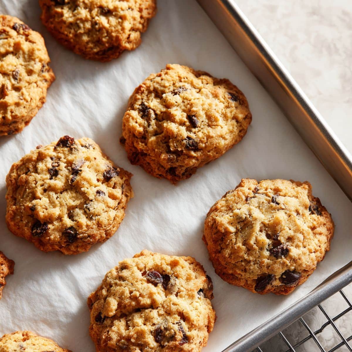 Baked oatmeal raisin cookies cooling on a wire rack