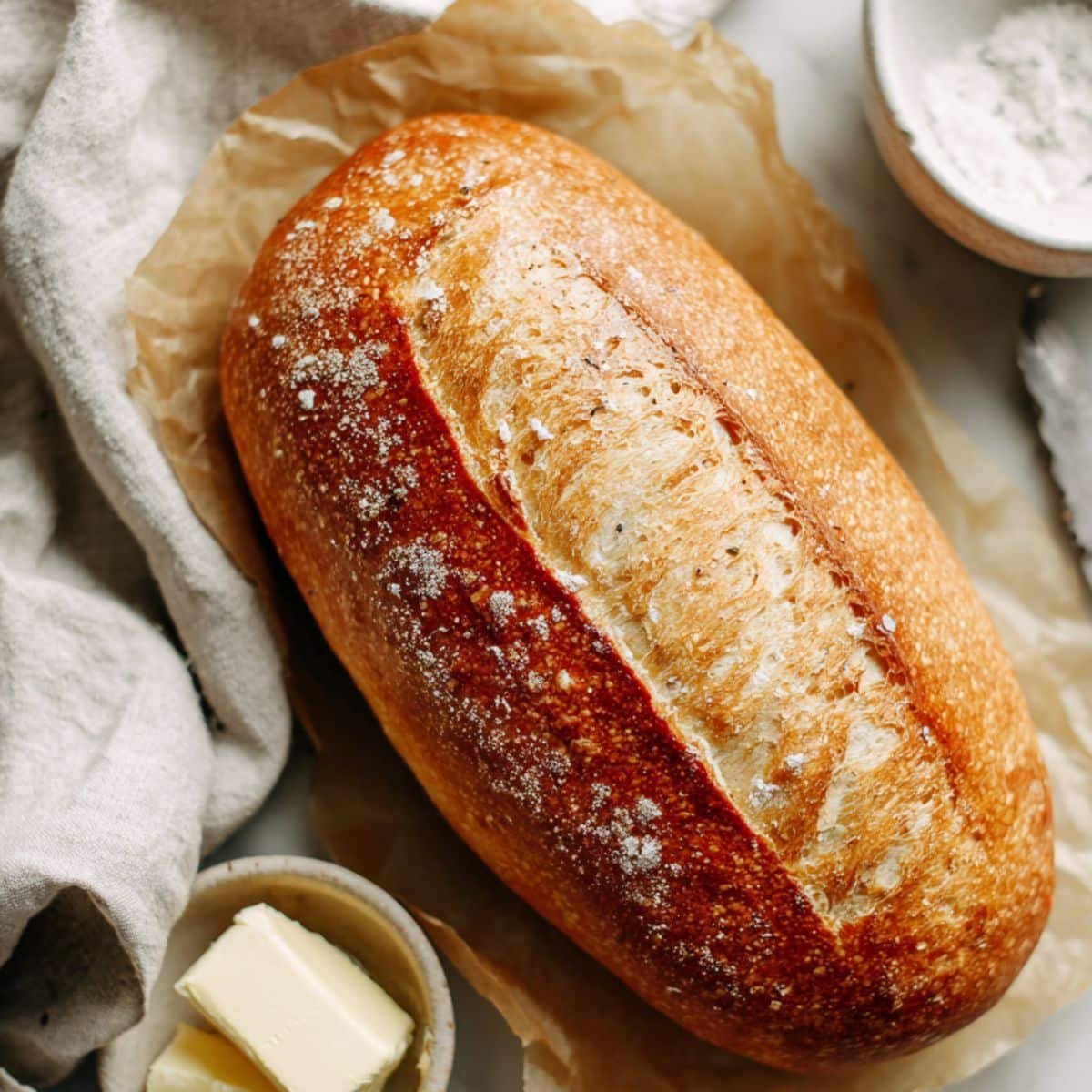 Freshly baked crusty Italian bread loaf on parchment paper with oven steam in background	