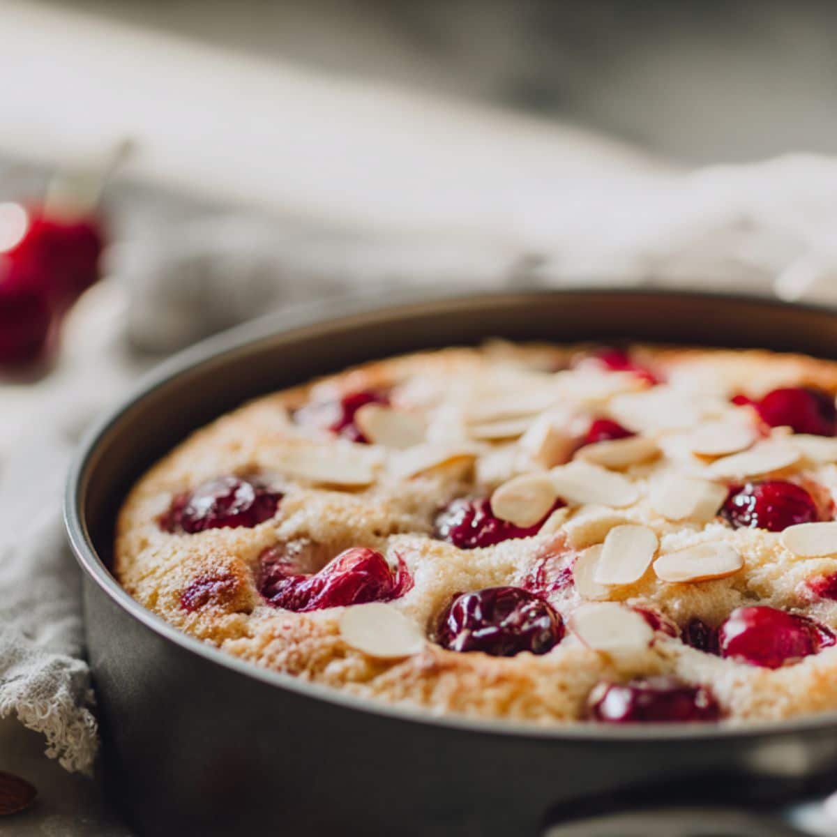 Cherry almond cake fresh out of the oven	