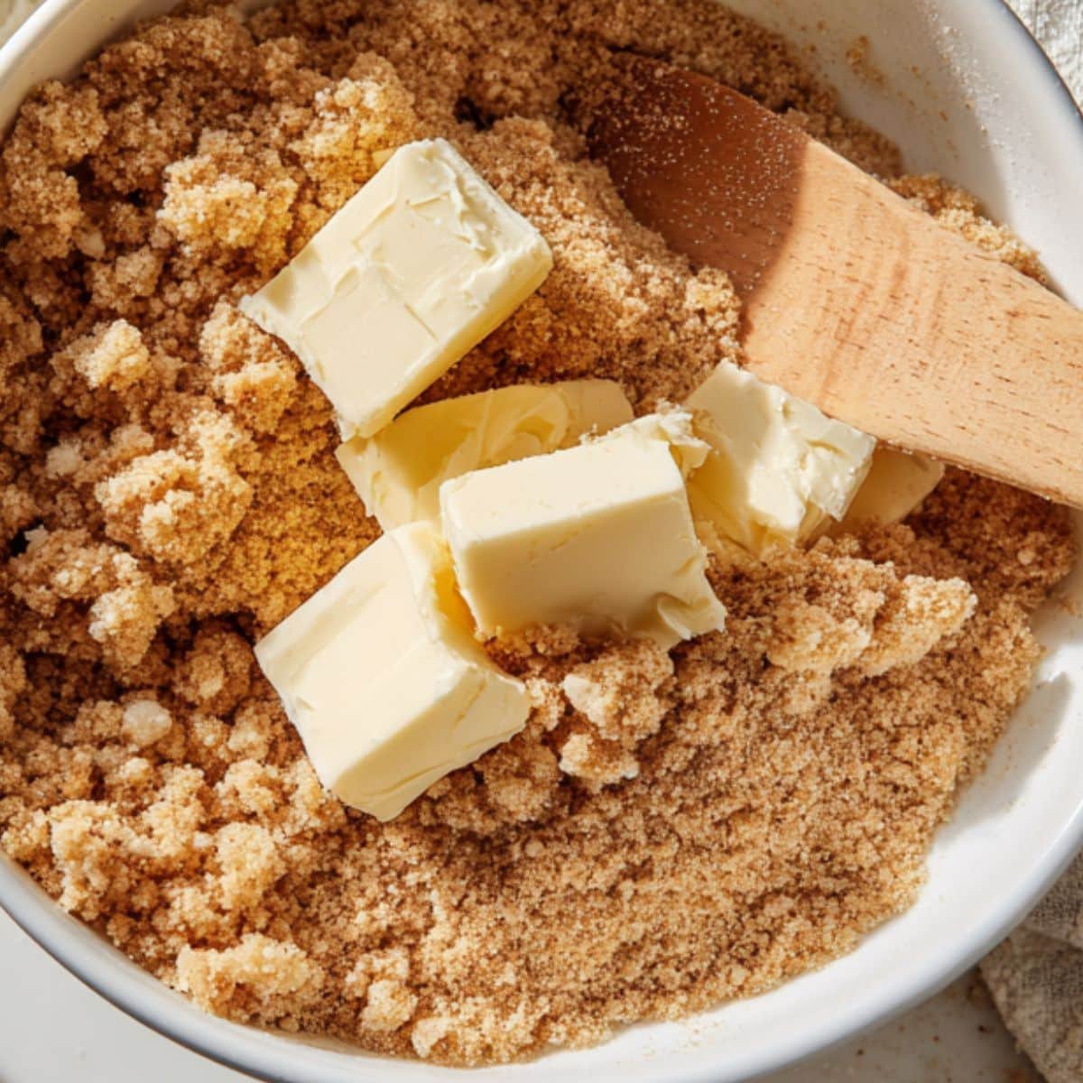 Mixing streusel topping by hand in a white bowl	