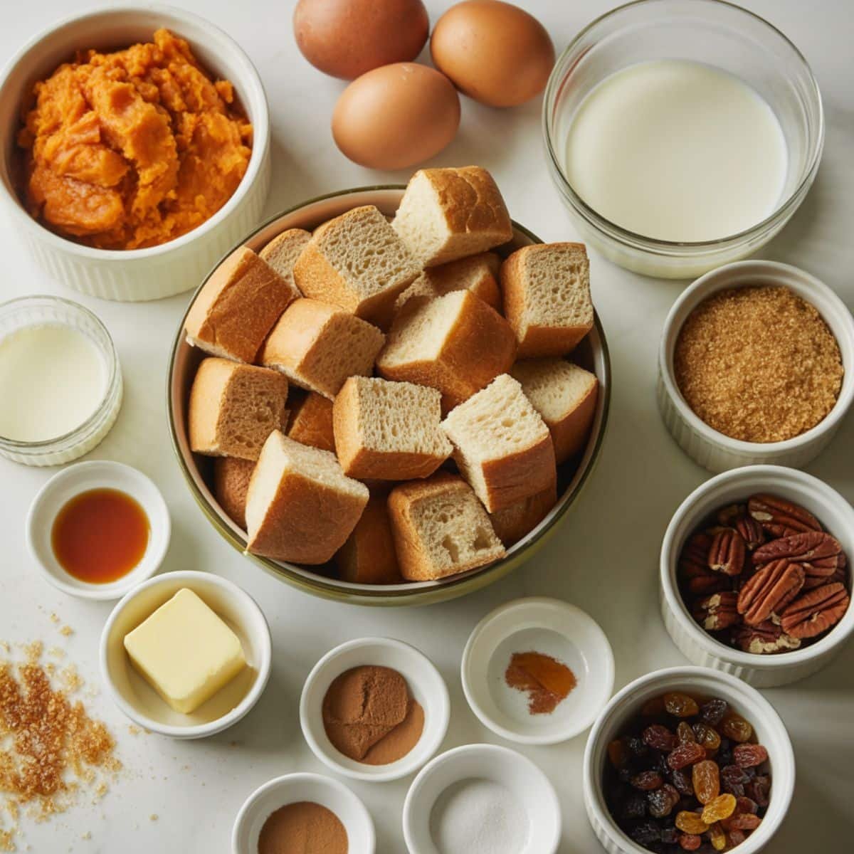 Top-down spread of all measured ingredients for sweet-potato bread pudding	
