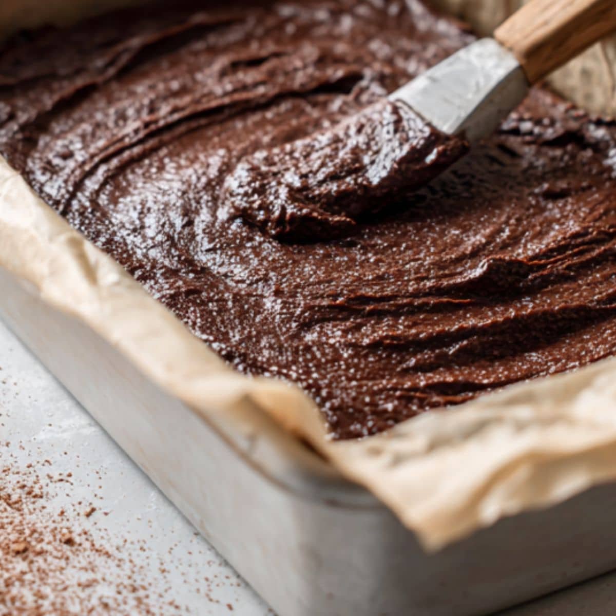 Homemade brownie batter in a pan ready to bake	