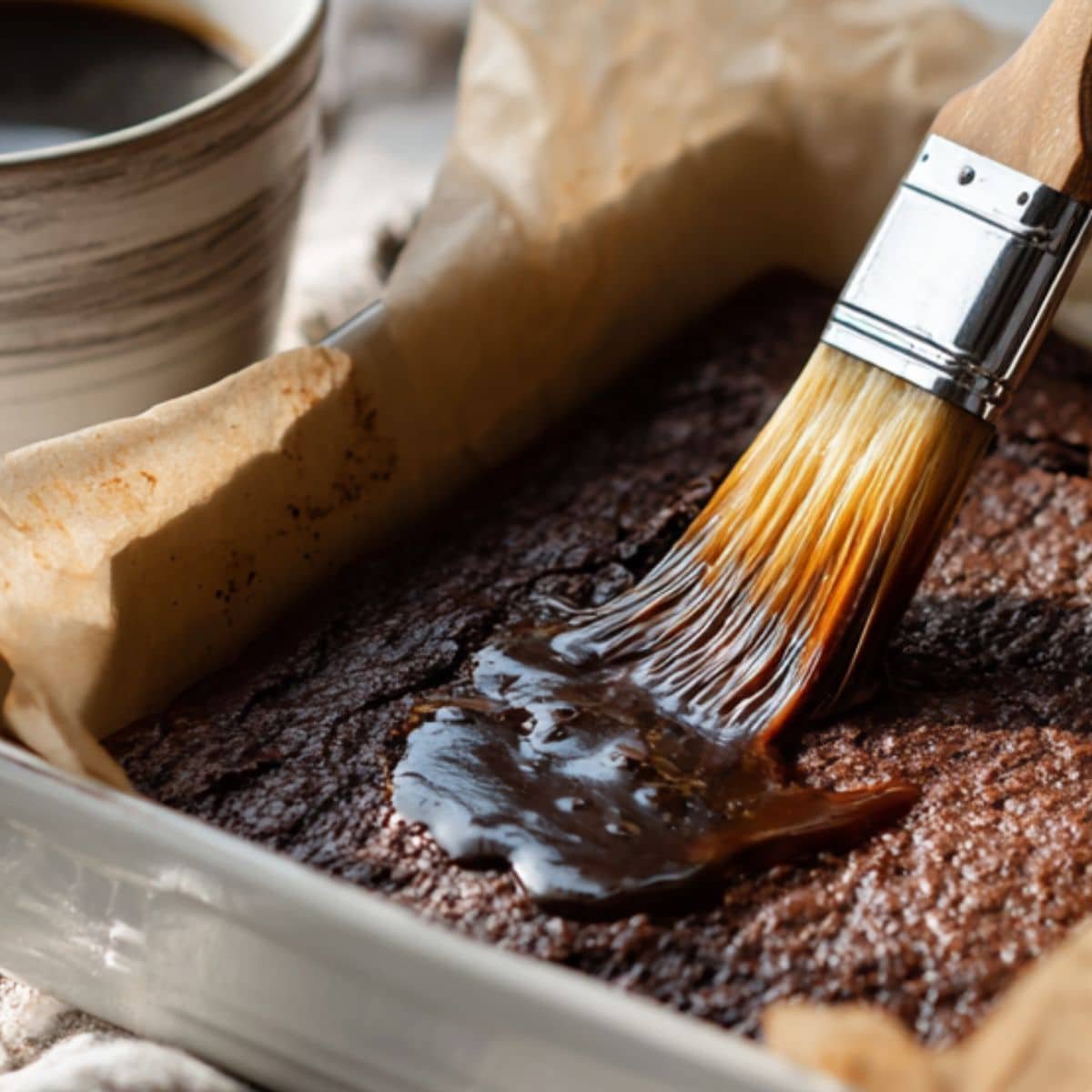 Brushing coffee over cooled brownie base	