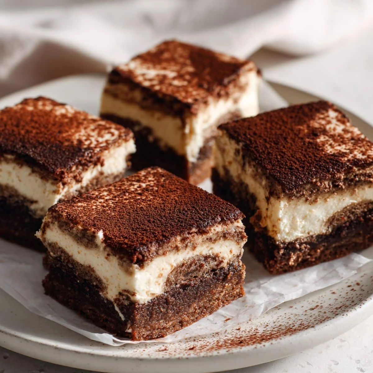 Fudgy tiramisu brownies with mascarpone topping and cocoa dust	