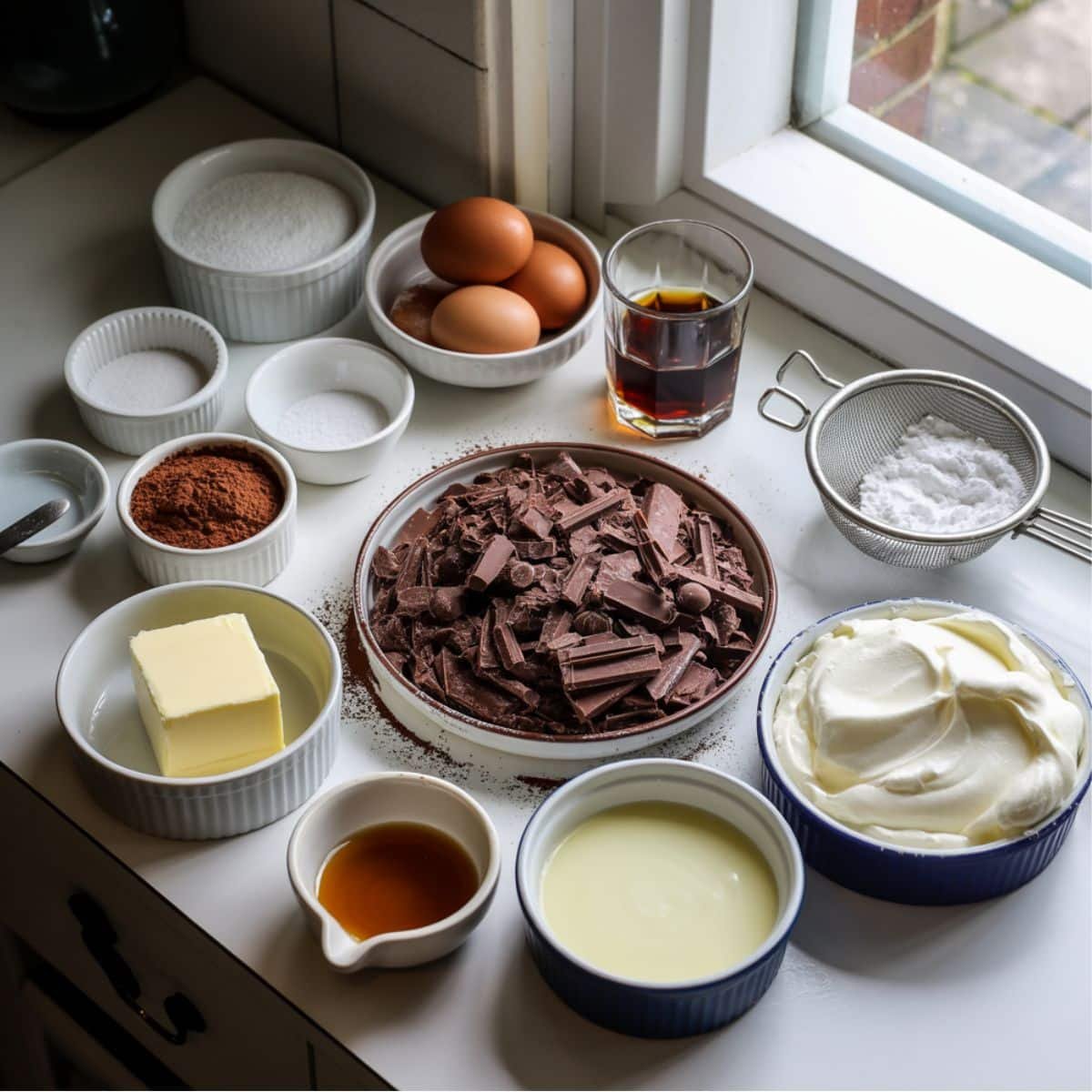 All ingredients for tiramisu brownies on a white counter	