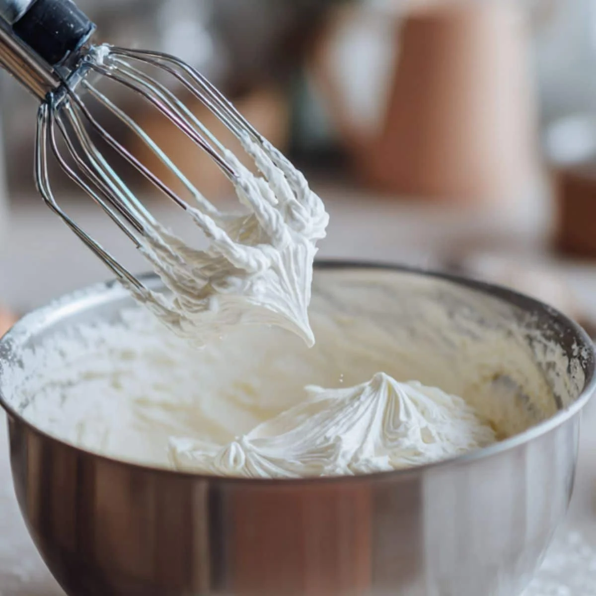 Whipping cream to soft peaks	