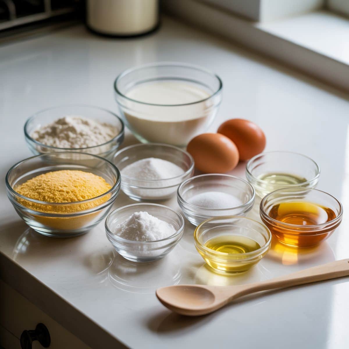 buttermilk cornbread ingredients – cornmeal, flour, sugar, eggs, buttermilk, butter, oil, and honey – neatly arranged on a white kitchen counter