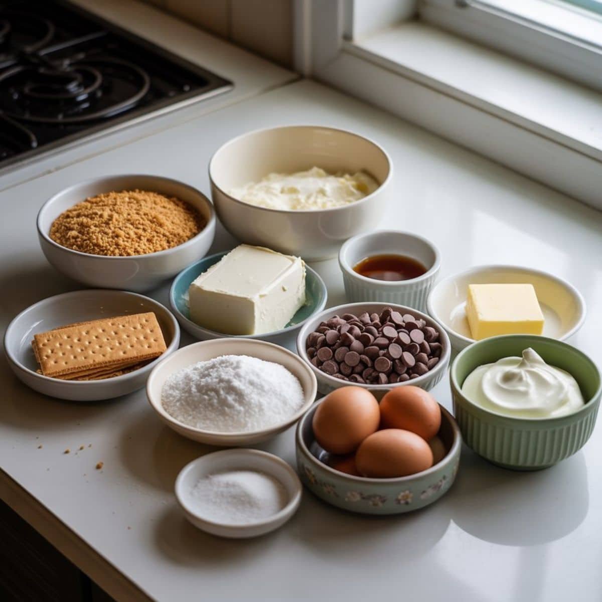 Top-down view of all ingredients for chocolate chip cheesecake bars arranged on a white kitchen table.