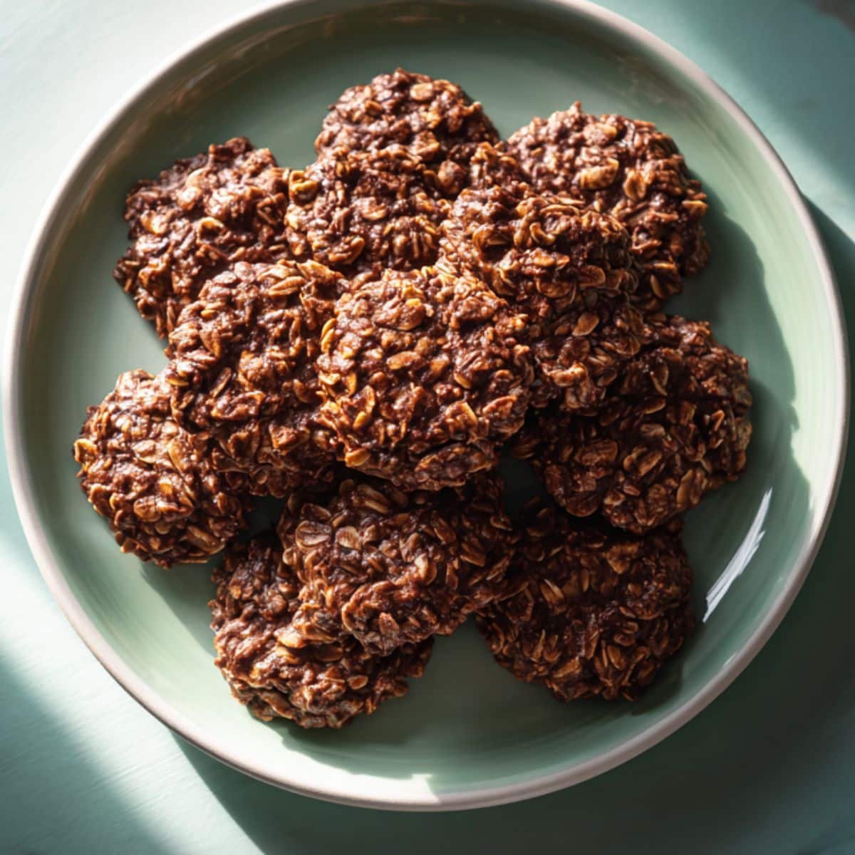 Plate of homemade no bake chocolate oatmeal cookies on white counter