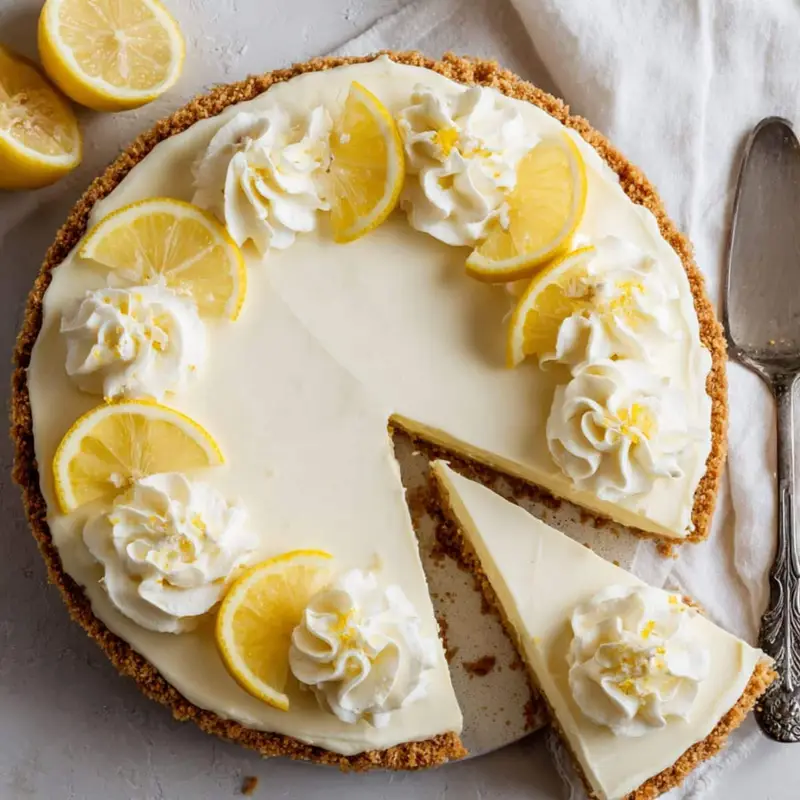 Homemade no bake lemon cheesecake with graham cracker crust, topped with whipped cream and lemon slices, on a white kitchen table.