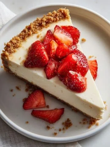 A slice of homemade Philadelphia cheesecake with a graham cracker crust and fresh strawberries on a white plate.