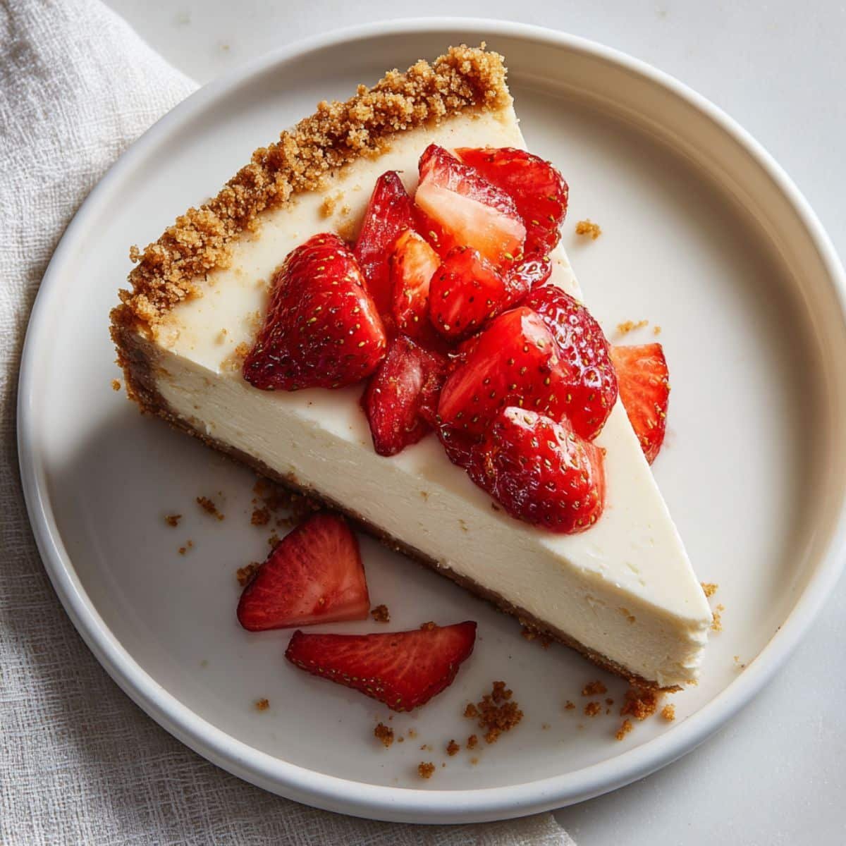 A slice of homemade Philadelphia cheesecake with a graham cracker crust and fresh strawberries on a white plate.