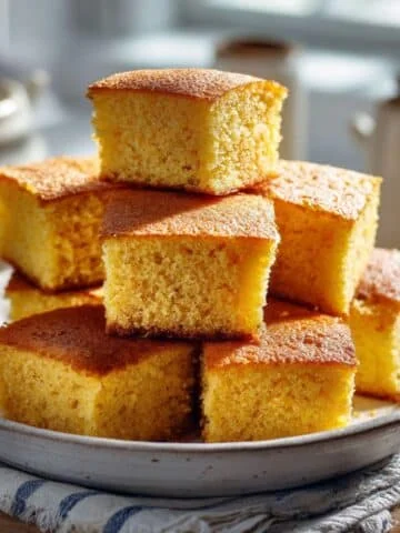 Stacked golden cubes of buttermilk cornbread on a ceramic plate, rustic homemade bread on a white kitchen counter