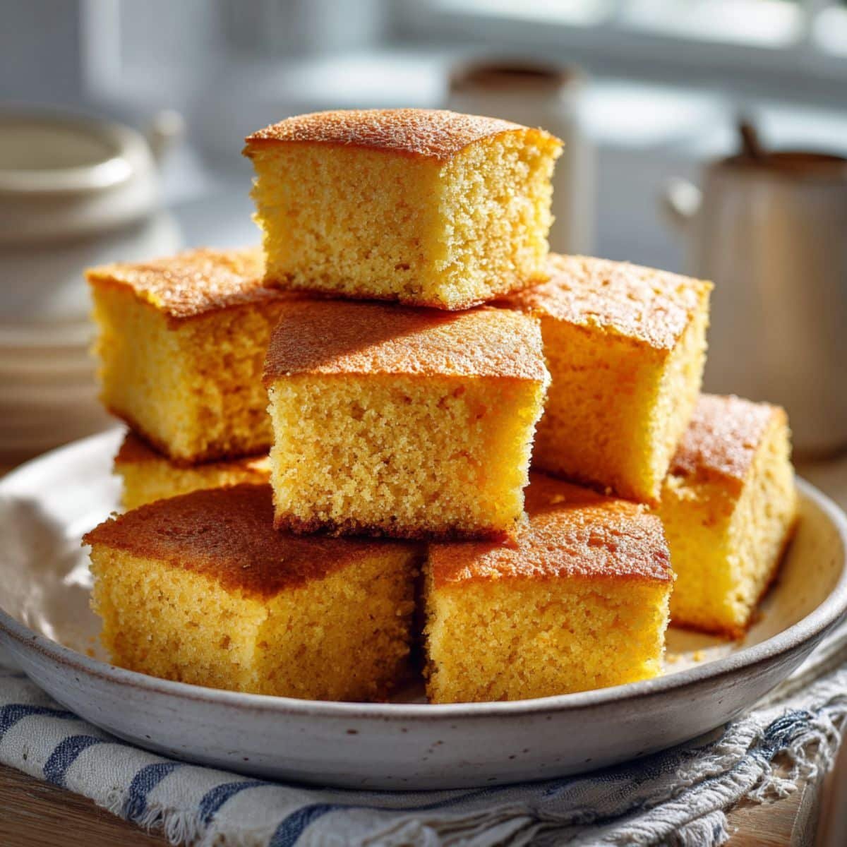 Stacked golden cubes of buttermilk cornbread skillet on a ceramic plate, rustic homemade bread on a white kitchen counter