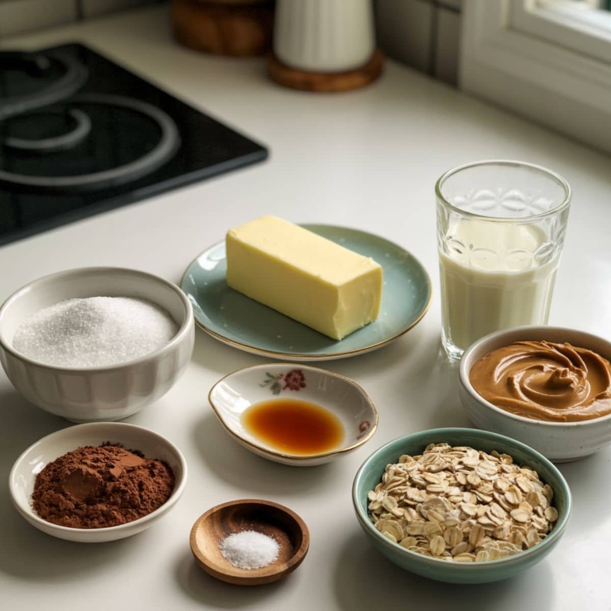 All ingredients for no bake chocolate oatmeal cookies laid out on a white counter