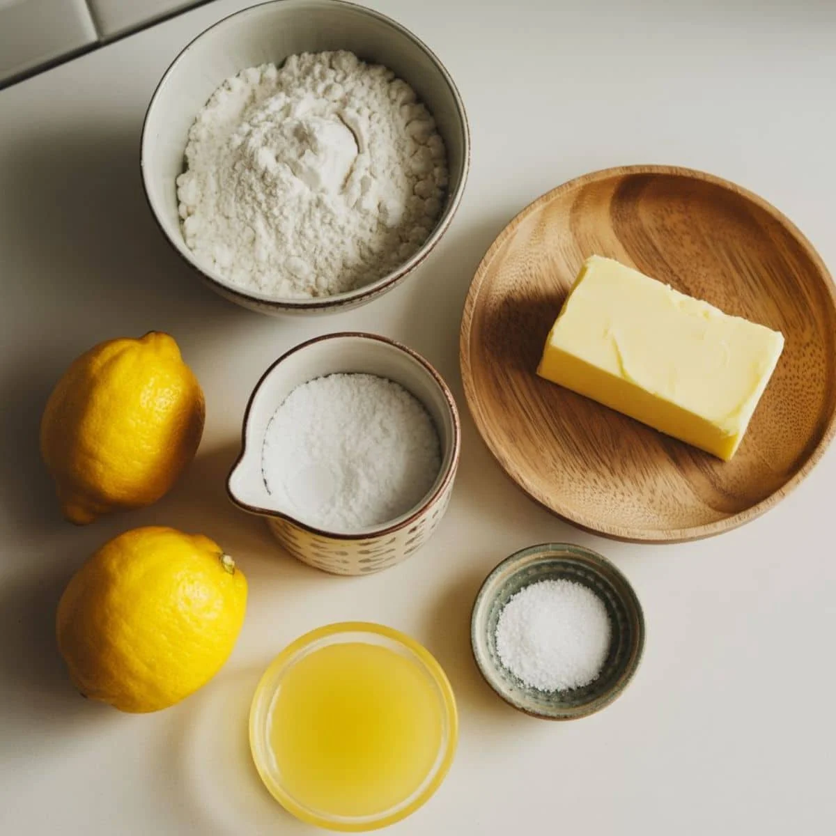 Ingredients for lemon shortbread cookies on a white kitchen counter.