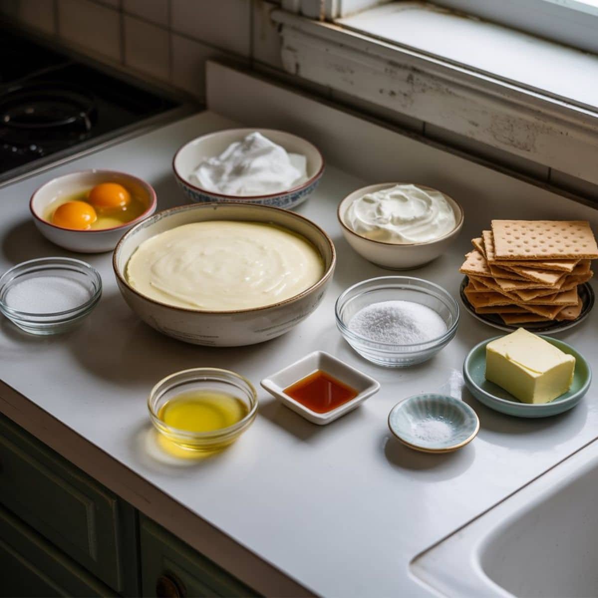 All ingredients for Philadelphia cheesecake laid out on a white kitchen table, including cream cheese, eggs, sugar, graham crackers, butter, sour cream, lemon, and vanilla.