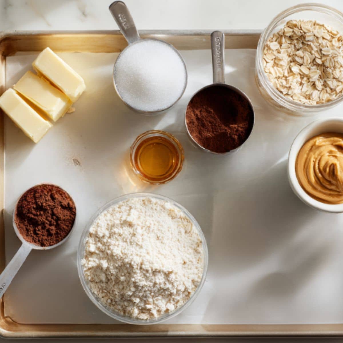 Workspace with baking sheet, parchment paper, and measured ingredients ready