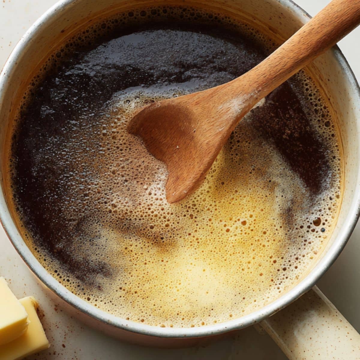 Saucepan with chocolate mixture boiling for no bake cookies