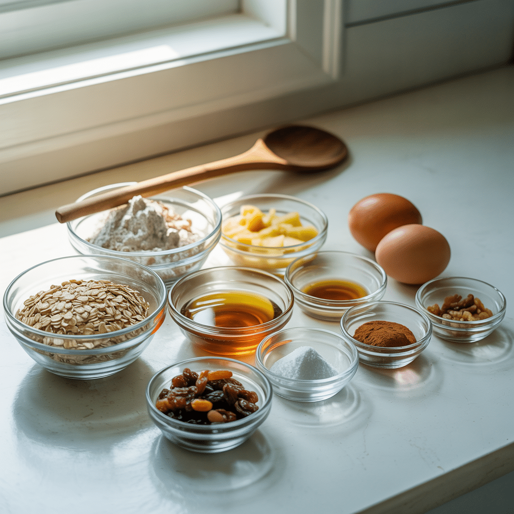 Flat lay of ingredients for healthy oatmeal raisin cookies arranged on white kitchen counter