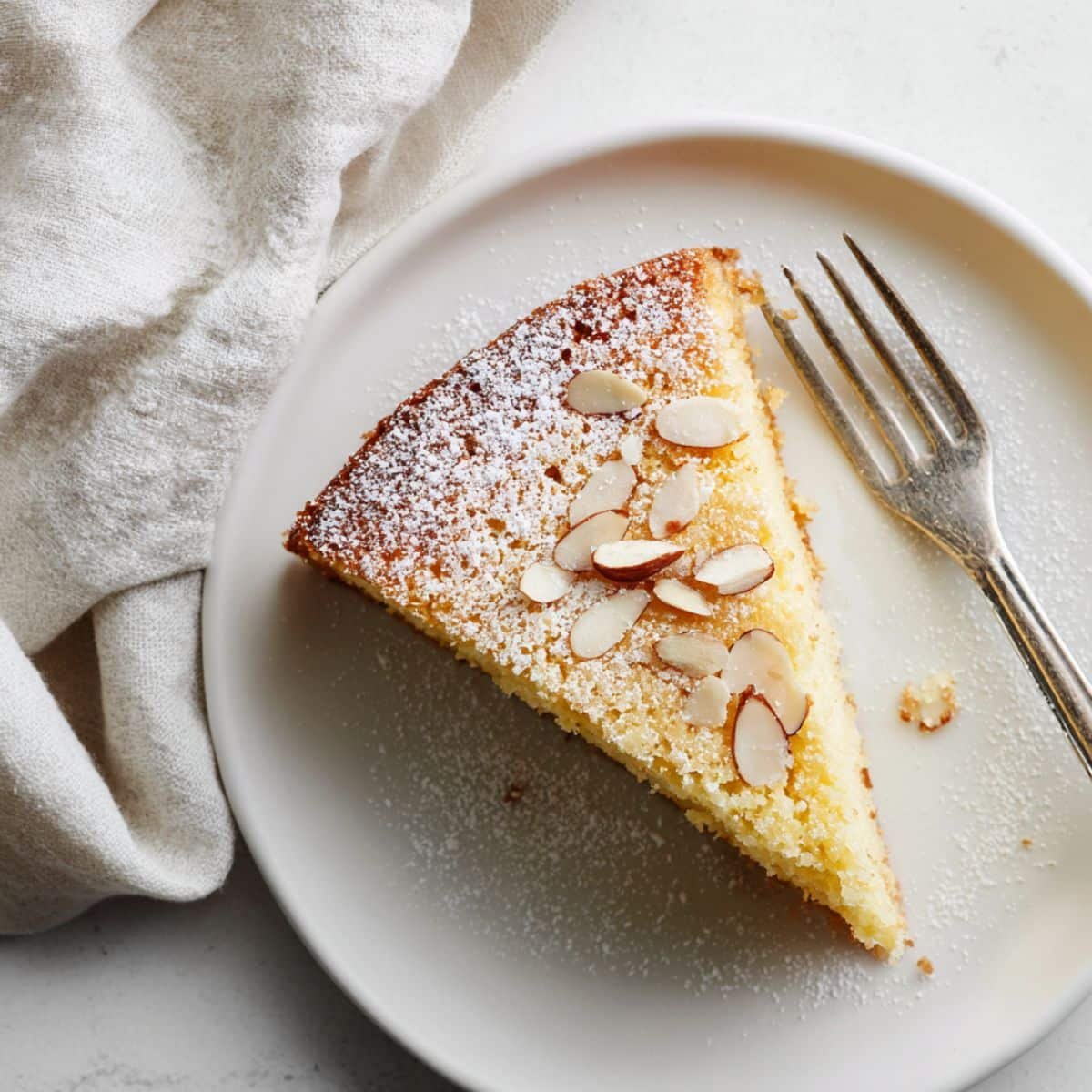 Slice of homemade almond ricotta cake with powdered sugar and almond flakes on a white plate