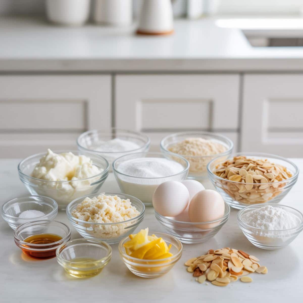Top-down view of almond ricotta cake ingredients neatly arranged on a white kitchen counter