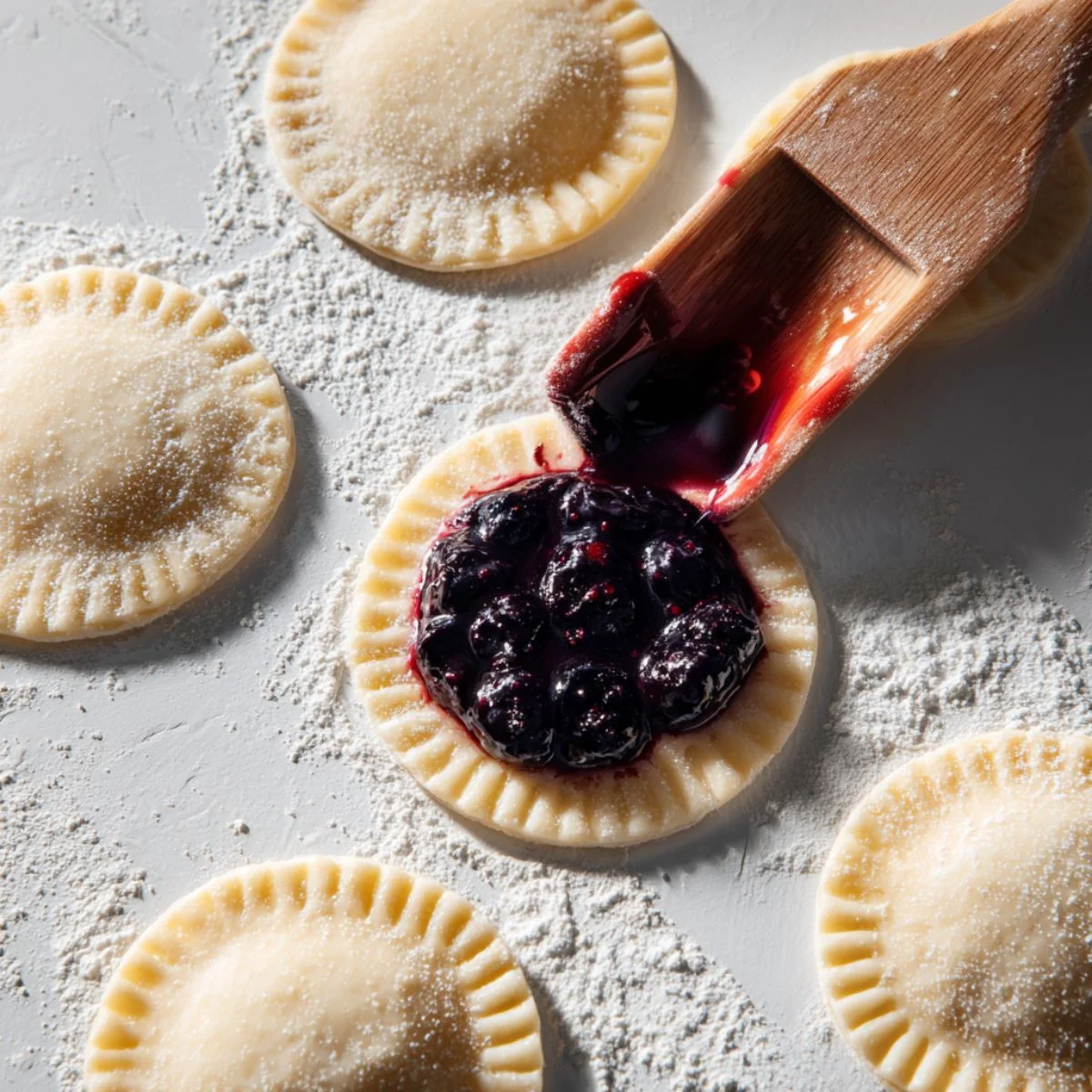 Assembling hand pies with blueberry filling
