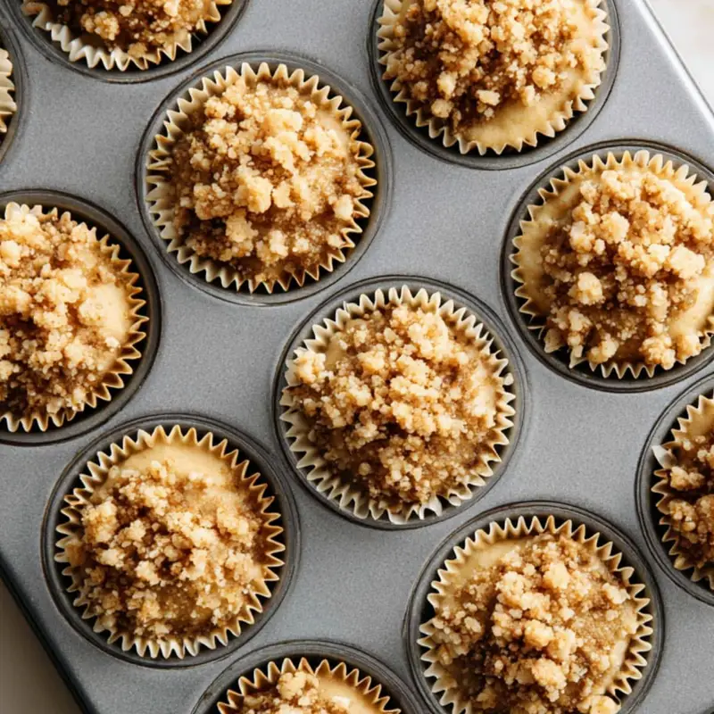 Muffin tray with batter and streusel topping before baking	