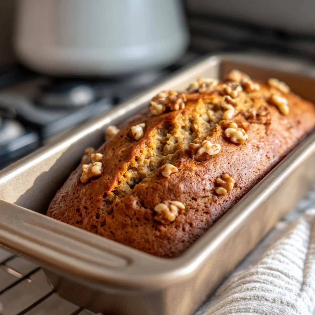 Banana nut bread loaf in a loaf pan just out of the oven.	